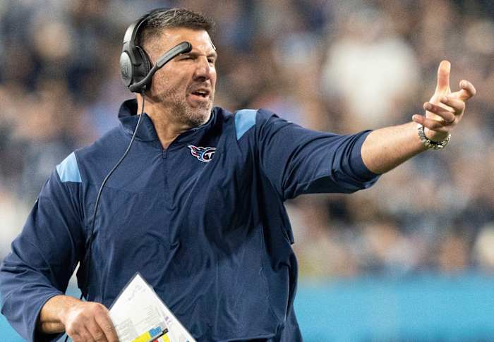 Tennessee Titans head coach Mike Vrabel races down the field to argue a referees call during the fourth quarter of the game against the Dallas Cowboys at Nissan Stadium Thursday, Dec. 29, 2022, in Nashville, Tenn.